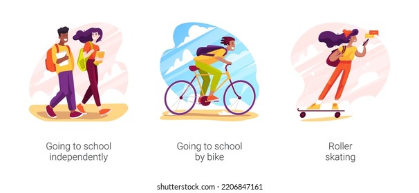 Student life isolated cartoon vector illustration set. Going to school independently or by bike, roller skating, cross the street, wear backpack, teenager routine, education vector cartoon.
