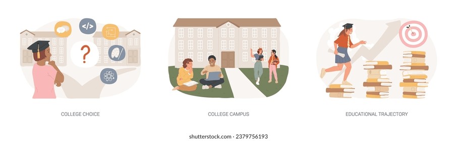 Student life isolated concept vector illustration set. College choice, college campus, educational trajectory, assessment test, graduation, campus tour, university events, library vector concept.