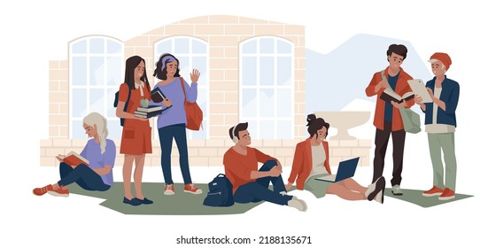 Student life. Schoolchildren and students rest in the courtyard of the campus. The girl is reading. Student with a laptop. The guy listens to music. Vector image.