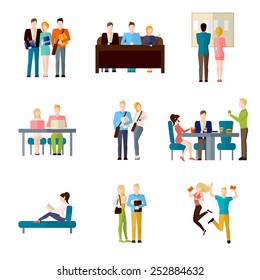 Student life set with classroom learning coffee break homework writing isolated vector illustration