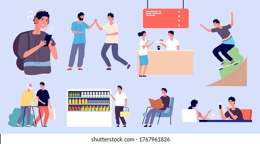 Student life. Single man lifestyle, adult or teenager activities. Guy listen music, work in cafe, reading book and volunteering. Routine of young boy vector