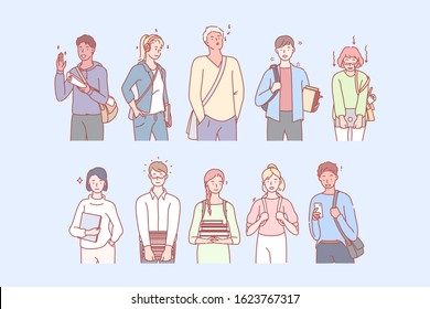Student life in university or college. Young boys and girls study in school. Happy pupils spend their leisure time in different ways. Men and women are satisfied by their education in university.