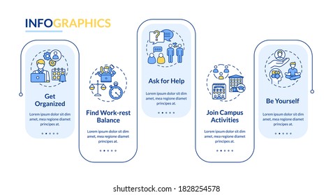 Student life vector infographic template. University activities presentation design elements. Data visualization with 5 steps. Process timeline chart. Workflow layout with linear icons