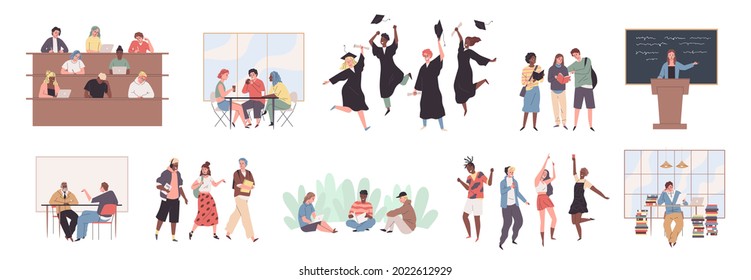 Student life. Young people activities. Guys and girls study at lectures or seminars at university. College learner group. Classmates relax and celebrate graduation. Vector scenes set
