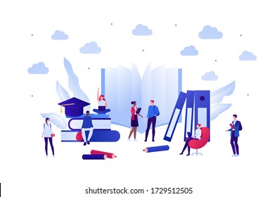 Student lifestyle and college education concept. Vector flat person illustration. Group of multi-ethnic young adult. School equipment. Book, laptop, pen, cap. Design for banner, web, infographic.