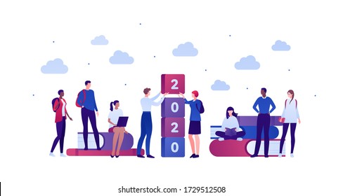 Student lifestyle and college education concept. Vector flat person illustration. Group of multi-ethnic young adult. Stack of books, 2020 text, backpack, laptop. Design for banner, web, infographic.