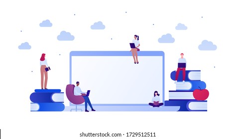 Student lifestyle and college education concept. Vector flat person illustration. Group of multi-ethnic young adult. Laptop computer with copy space, book, chair. Design for banner, web, infographic.