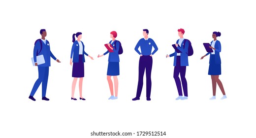 Student lifestyle concept. Vector flat person illustration set. Group of multi-ethnic male and female young adult in formal uniform outfit clothes collection. Design for banner, web, infographic.