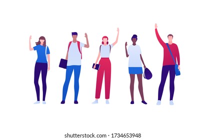 Student lifestyle concept. Vector flat person illustration set. Multi-ethnic young adult people in casual cloth with bag, backpack and notepad. Hi hand gesture. Design for banner, web, infographic.