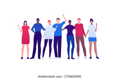 Student lifestyle, diversity and friendship concept. Vector flat person illustration. Multi-ethnic crowd of young adult people in smart casual fashion cloth. Design for banner, web, infographic.