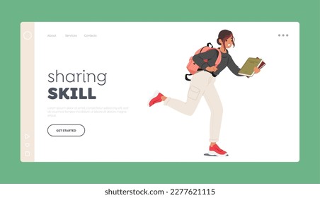 Student Lifestyle Landing Page Template. Student Girl Character Running with Backpack And Pile Of Books in Hands Being Late to Lessons in College or University. Cartoon People Vector Illustration