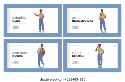 Student Lifestyle Landing Page Template Set. Boy With Backpack And Books in Different Poses and Motion Walk, Stand, Run. Concept of Education, Back to School. Cartoon People Vector Illustration