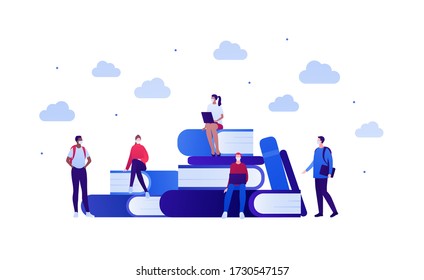 Student Lifestyle In Pandemic Concept. Vector Flat Person Illustration. Group Of Multi-ethnic Young Adult In Face Mask. Book, Laptop, Pen Sign. Design For College Banner, School Web, Infographic.