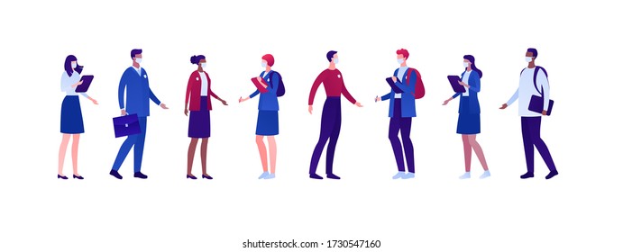 Student lifestyle in pandemic concept. Vector flat person illustration set. Group of multi-ethnic young adult in face protective health care mask. Design for college banner, school web, infographic.