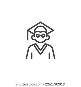 Icono de línea de estudiante. signo de estilo lineal para concepto móvil y diseño web. Estudiante con graduación que esboza el icono vector. Símbolo, ilustración del logotipo. Gráficos vectoriales