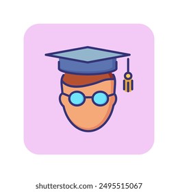 Student line icon. Male head in glasses with graduation cap. Education concept. Can be used for topics like high school, college, university, bachelor, master degree, ceremony.