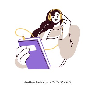 Estudiante escuchando audiolibros, leyendo. Mujer lectora en auriculares con audiolibro, literatura de ficción. Conocimiento, estudio, concepto de educación. Ilustración vectorial plana aislada sobre fondo blanco