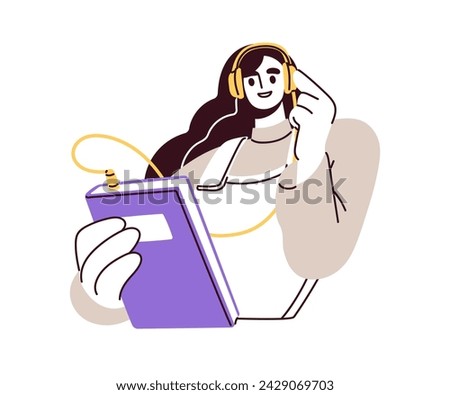 Student listening audio book, reading. Woman reader in headphones with audiobook, fiction literature. Knowledge, study, education concept. Flat vector illustration isolated on white background