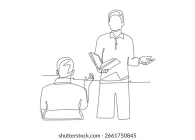 Estudante ouvindo o conceito de palestras desenho de uma linha