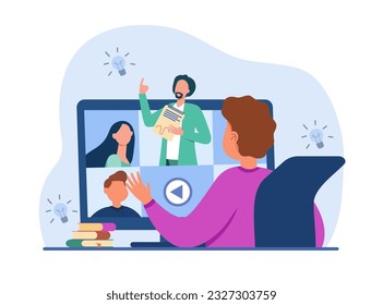 Student listening to online lecture vector illustration. Children and teachers working from home in virtual classroom, professor teaching in video conference. Online learning, education concept