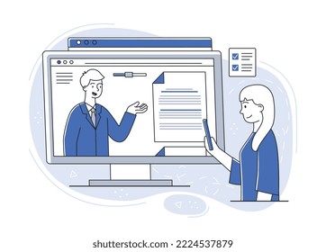 Student listening webinar. Young girl stands with smartphone in her hand and watches stream, participates in form of conference. Professor conducts lecture remotely. Cartoon flat vector illustration