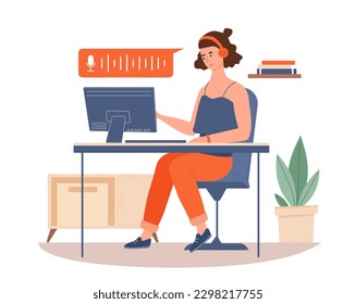 Student listens to podcast. Woman in headphones sits at computer and works or studies. Student or remote employee. Distance education, learning and training. Cartoon flat vector illustration