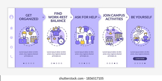 Student living onboarding vector template. Work rest balance. Be yourself. University campus activity. Responsive mobile website with icons. Webpage walkthrough step screens. RGB color concept