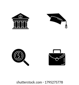 Student loan black glyph icons set on white space. Credit for education. Money for college. University scholarship. Academic degree. Bank service. Silhouette symbols. Vector isolated illustration