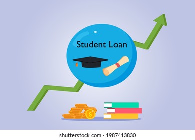 Student Loan bubble vector concept. Bubble with student loan text, rise up arrow, book, and coins