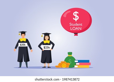 Student Loan bubble vector concept. Students with graduation gown and showing amount of loan