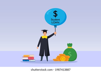 Student Loan bubble vector concept. Male student in graduation hat holding a balloon with student loan text