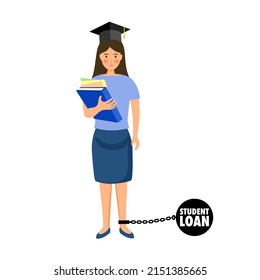 Ilustración vectorial del concepto de carga de préstamos estudiantiles sobre fondo blanco. Deuda educativa.