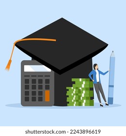 Student loan calculation concept, postgraduate student standing with mortarboard cap calculator, education budget allocation, university fees and debt repayment or scholarship payment concept.