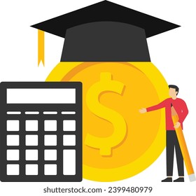 Student loan calculation concept, postgraduate student standing with mortarboard cap calculator, education budget allocation, university fees and debt