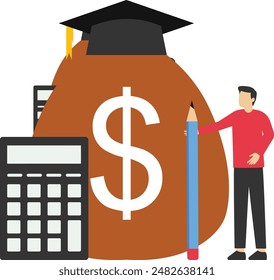 Concepto de cálculo de préstamos estudiantiles, estudiante de posgrado de pie con calculadora de tope de cartón, asignación de presupuesto de educación, Tarifas universitarias y concepto de pago de deuda o pago de becas.