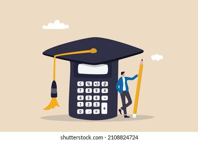 Student loan calculation, education budget allocation, university expense and debt pay off or scholarship payment concept, graduated student standing with mortar board hat calculator.