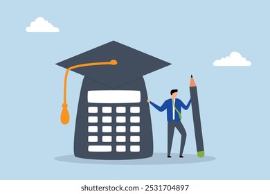 Student loan calculation, A graduate is standing with mortar board hat and calculator.