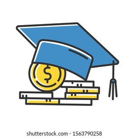 Student loan color icon. Credit to pay for university education. Tuition fee. College scolarship. Graduation hat, coin stack. Budget investment. Academic achievement. Isolated vector illustration