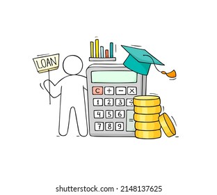 Student loan concept with credit calculator, money and graduation cap. Vector sketch illustration of doodle man calculate debt for education in college or university