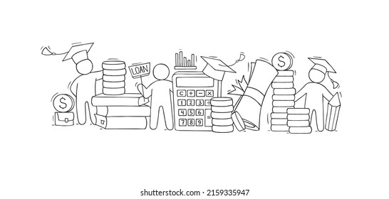 Student Loan Concept With Credit Calculator, Money, Books And Graduation Cap. Vector Sketch Illustration Of Doodle Man Calculate Debt For Education In College Or University