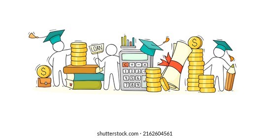 Student Loan Concept With Credit Calculator, Money, Books And Graduation Cap. Vector Sketch Illustration Of Doodle Man Calculate Debt For Education In College Or University