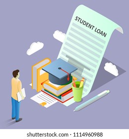 Student loan concept vector isometric illustration. Student loan agreement with books, graduation hat and student borrowing money to pay for education.