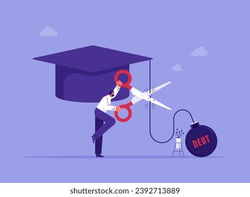 Student loan debt, cut education expense or reduce fee concept, young businessman cut chain to relief from student loan debt burden metal ball