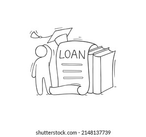 Student loan, debt for education in college or university. Vector hand drawn illustration of doubt man, credit application document, graduation cap and books stack