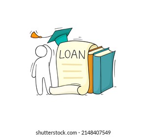 Student loan, debt for education in college or university. Vector hand drawn illustration of doubt man, credit application document, graduation cap and books stack