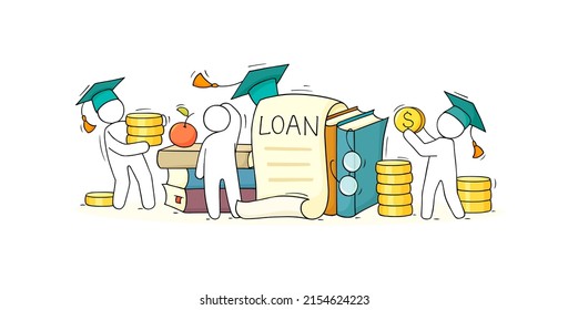 Student loan, debt for education in college or university. Vector hand drawn financial concept, education banner with people, credit application document, graduation cap and books stack