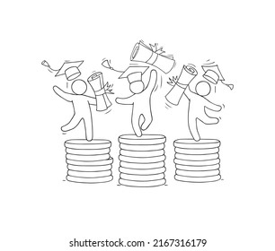 Student loan, debt for education in college or university. Vector hand drawn illustration happy people, diplomas, and coins stacks