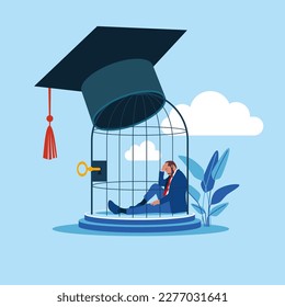 Student loan debt, expensive cost for education. Depressed confused graduated student in birdcage with graduation cap. Flat vector illustration