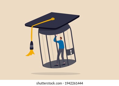 Student loan debt, money trap that graduated have to payback huge amount of money, expensive cost for education concept, depressed confused new graduated student in birdcage with graduation cap.