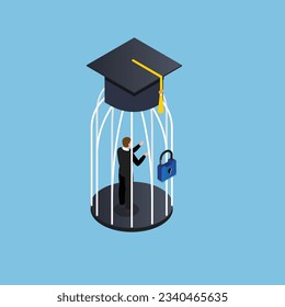 Student loan debt, money trap that graduated have to payback huge amount of money isometric 3d vector illustration concept for banner, website, illustration, landing page, flyer, etc.